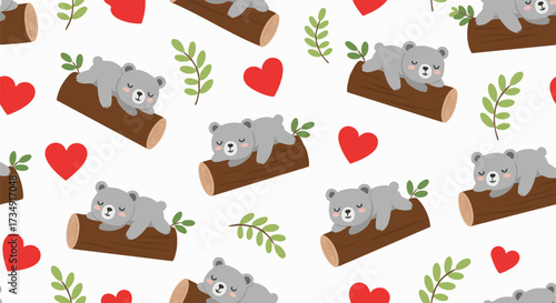 Cute seamless pattern featuring adorable cartoon bears sleeping on logs, surrounded by red hearts and green leaves