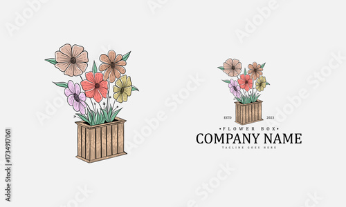 Garden box logo with flower out of the box in hand drawn vintage style. suitable for floral and delivery business