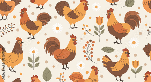 Cute seamless pattern featuring charming cartoon roosters and hens