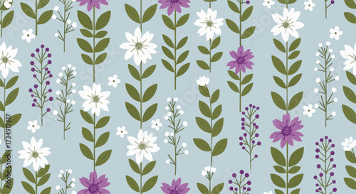 Floral pattern illustration with white and purple blooms on light blue background. A playful, botanical repeat background with naive modern aesthetic