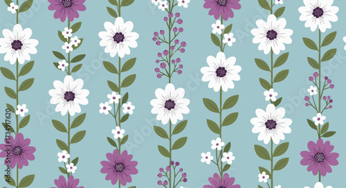 Floral pattern on a light teal background. Vertical rows of flowers and berry branches create a botanical repeat