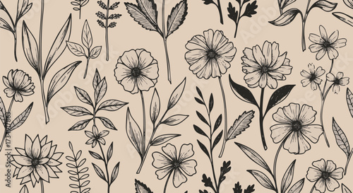 Hand-drawn seamless floral pattern with botanical flowers and leaves in vintage engraved line art