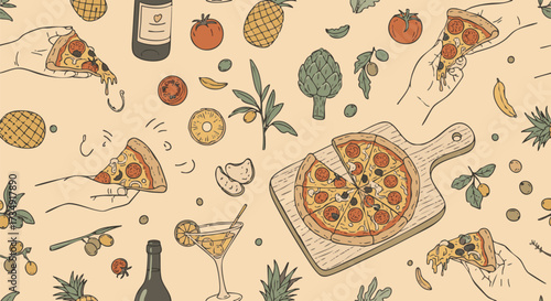 Hand-drawn seamless pattern featuring pepperoni pizza slices, wine, cocktails, and fresh Mediterranean ingredients like tomatoes and olives
