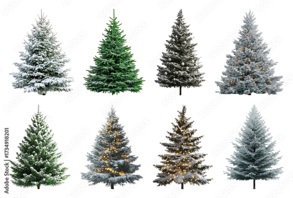 Obraz premium PNG Diverse snowy Christmas trees display, element set on transparent background