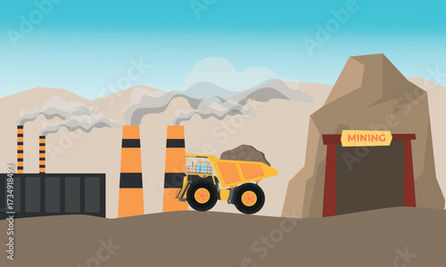 Mining industry scene with heavy vehicles Flat design style landscape background