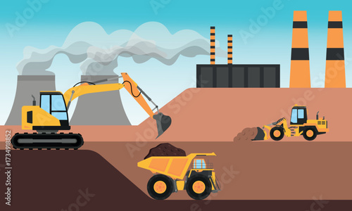 Mining industry scene with heavy vehicles Flat design style landscape background