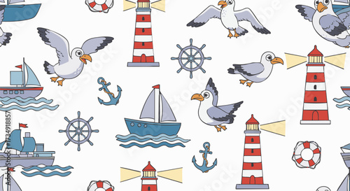 Seamless nautical pattern featuring cartoon seagulls, lighthouses, anchors, and sailing ships