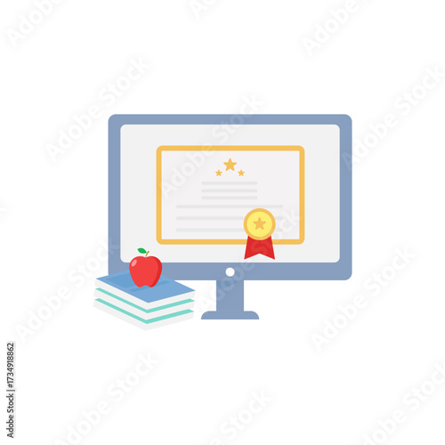 Online Education Vector Icon with Computer Monitor Certificate and Books