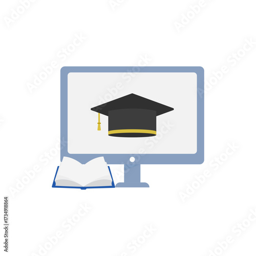 Online Education Concept with Graduation Cap and Open Book on Computer Monitor Screen
