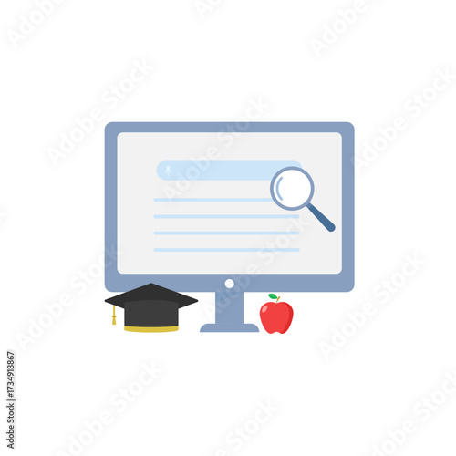 Online education and digital learning concept with computer screen, graduation cap, and apple