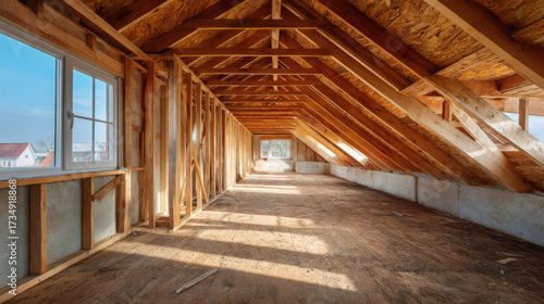 Spacious unfinished attic with wooden beams and natural light streaming through windows, showcasing potential for renovation and creative design ideas