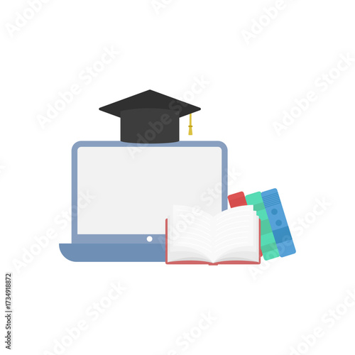 Online Learning Education Concept with Laptop Graduation Cap and Open Books