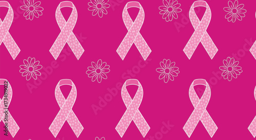 Seamless pattern featuring bright pink breast cancer awareness ribbons with polka dots and simple white outline flowers on a vibrant magenta background