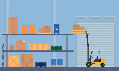 Warehouse interior with cardboard and forklift object Flat design style background