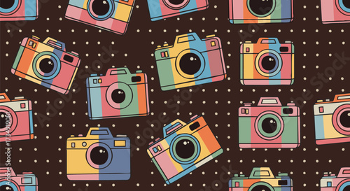 Seamless pattern featuring colorful retro cameras on a dark background with polka dots