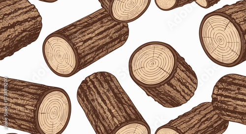 Seamless pattern featuring detailed hand-drawn wood logs floating against white