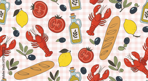 Seamless pattern featuring food illustrations. It's a vibrant vector art for culinary designs, ideal for backgrounds and textures