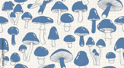 Seamless pattern featuring whimsical blue mushrooms and fungi illustrated in a hand-drawn doodle style on a faint graph paper texture background
