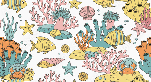 Seamless pattern illustration featuring a colorful underwater world