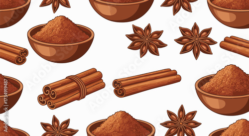 Seamless pattern illustration of warm brown spices featuring cinnamon sticks, ground cinnamon in a bowl, and star anise on a white background