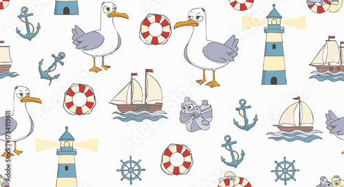 Seamless pattern of cartoon nautical elements. Features sailboats, seagulls, anchors, life preservers, lighthouse, and ship wheels