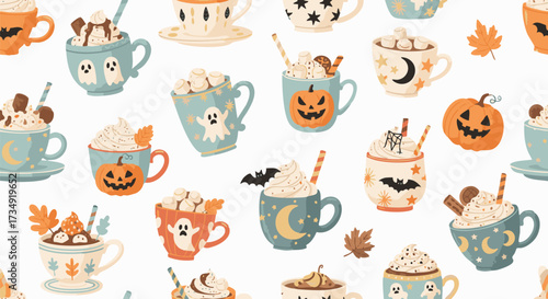 Seamless pattern of cute Halloween and autumn themed hot chocolate mugs decorated with pumpkins, ghosts, bats, stars, and whipped cream