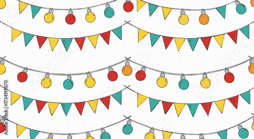 Seamless pattern of colorful hand-drawn string lights and festive pennant banners in red, yellow, and green shades, perfect for celebrations and party backgrounds