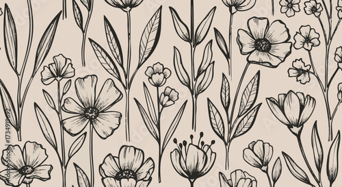 Wallpaper Mural Seamless pattern of delicate hand-drawn botanical wildflowers and leaves in a vintage sketch style on a neutral background Torontodigital.ca
