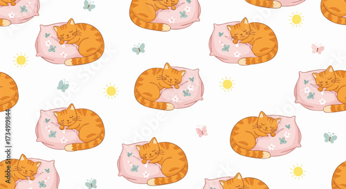 Seamless pattern of sleeping orange tabby cats on pillows. Cute, cartoon illustration