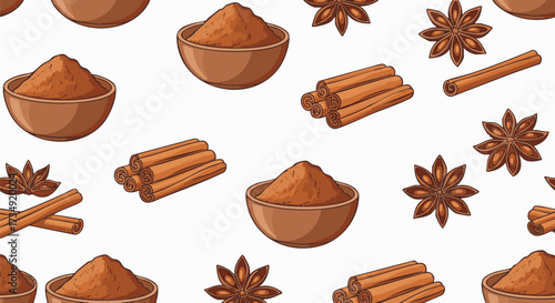 Seamless pattern with cinnamon sticks, ground powder in a bowl, and star anise. Cartoon vector illustration of aromatic winter spices for cooking