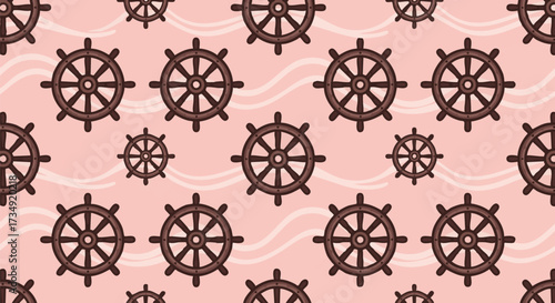 Seamless pattern with ship wheels on pink background. Cute nautical design, nautical theme and vector repeat pattern