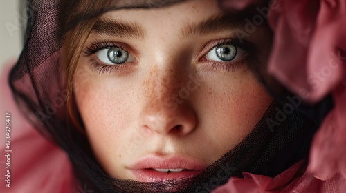 Enigmatic gaze of a young woman framed by delicate fabrics close up shot