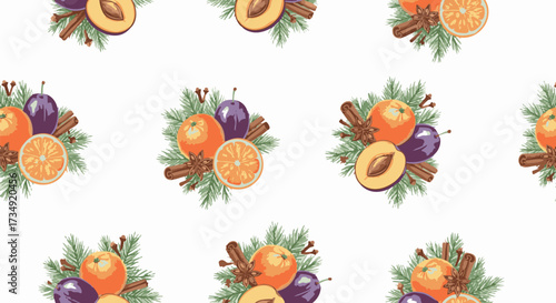 Seamless vector pattern of festive winter fruits, pine branches, and spices on white. Ideal for holiday designs or seasonal packaging
