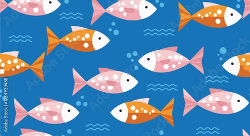 Seamless vector pattern with cute fish in pink and orange