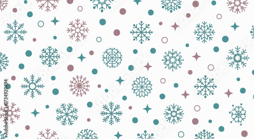 Seamless winter pattern featuring elegant teal and purple snowflakes, complemented by festive dots and sparkling stars on a crisp white background