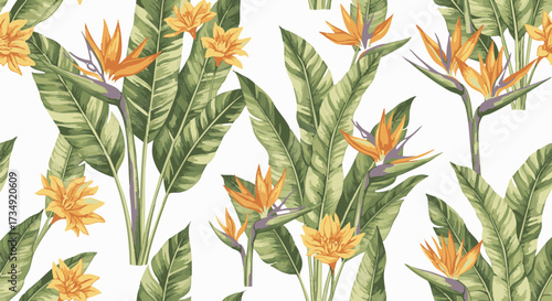 Tropical seamless pattern featuring vibrant Bird of Paradise flowers and lush green leaves on a white background
