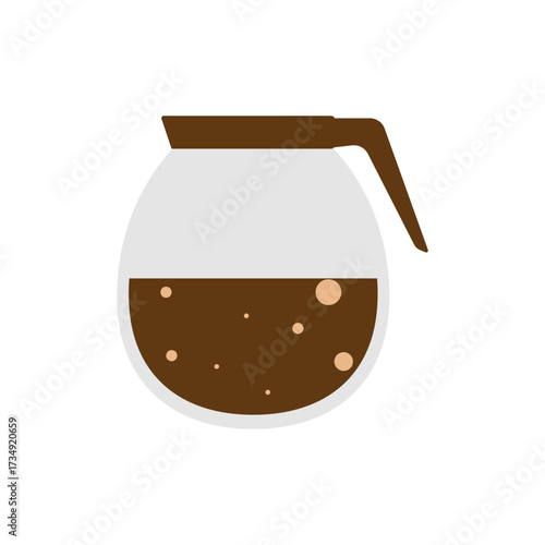 Vibrant flat illustration of a glass coffee pot carafe filled with freshly brewed dark brown coffee beverage, perfect for a morning pick-me-up