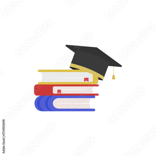 Stack of books with graduation cap symbolizing academic achievement and education