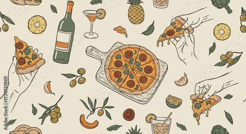 Vibrant hand-drawn seamless pattern of popular Italian food and drinks