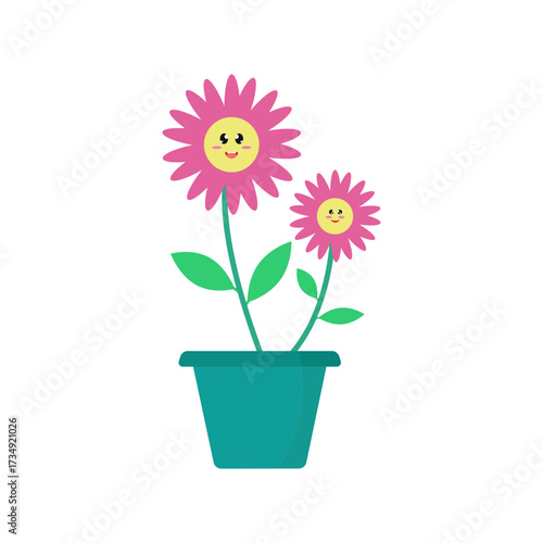Vibrant and cheerful blooming flowers in a pot, a delightful cartoon illustration depicting growth and happiness with a friendly smile and bright colors