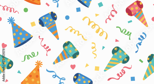 Vibrant seamless pattern background featuring colorful party hats, blowouts, confetti, and streamers on white. Ideal for celebration designs