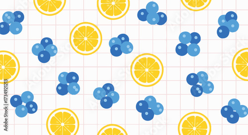 Vibrant seamless pattern featuring stylized yellow lemon slices and clusters of blue spheres resembling blueberries or molecular structures on a white grid background