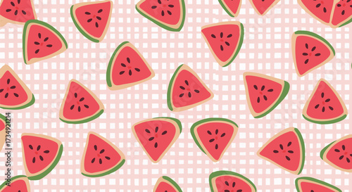 Vibrant seamless pattern featuring stylized watermelon slices on a pink and white gingham background, perfect for summer fabric design or food branding