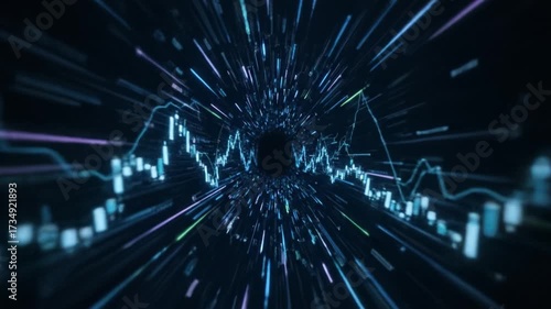 Futuristic Digital Tunnel with Glowing Blue and Purple Light Streaks, Financial Data Charts, and Dynamic Visualizations Symbolizing Technology, Finance, Innovation, and Progress