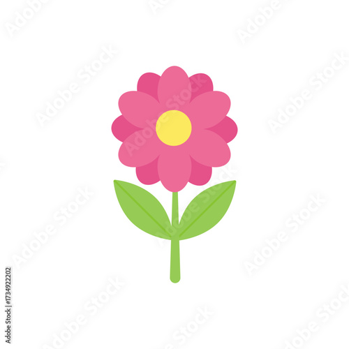 Cute pink flower illustration with green stem and leaves on a white background