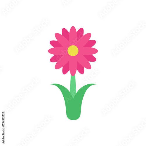 A vibrant pink daisy with a yellow center and green leaves, symbolizing spring and natural beauty