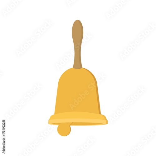 A simple golden school bell with a brown handle on a white background