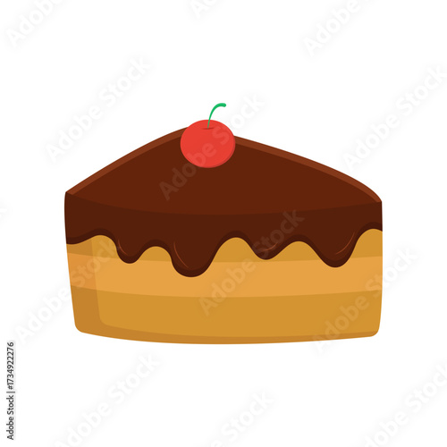 Appetizing illustration of a rich chocolate cake slice adorned with a bright red cherry, ideal for celebrating sweet moments and dessert cravings