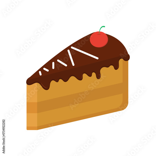 Delicious chocolate cake slice illustration with a vibrant red cherry topping, perfect for bakery menus, dessert shop promotions, or sweet treat graphics