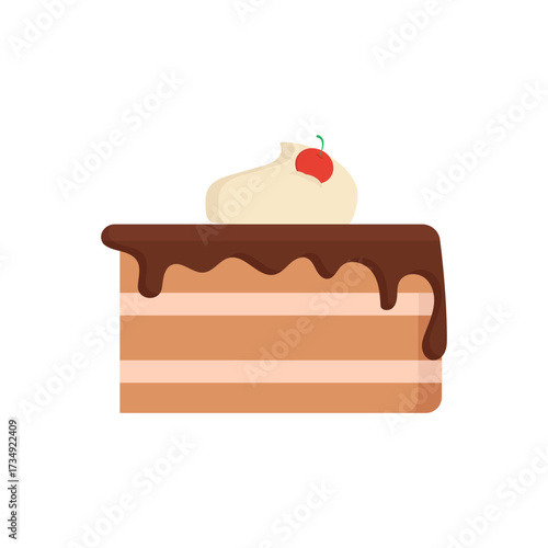 A delightful slice of chocolate cake with creamy whipped topping and a vibrant cherry, perfect for satisfying delicious dessert cravings